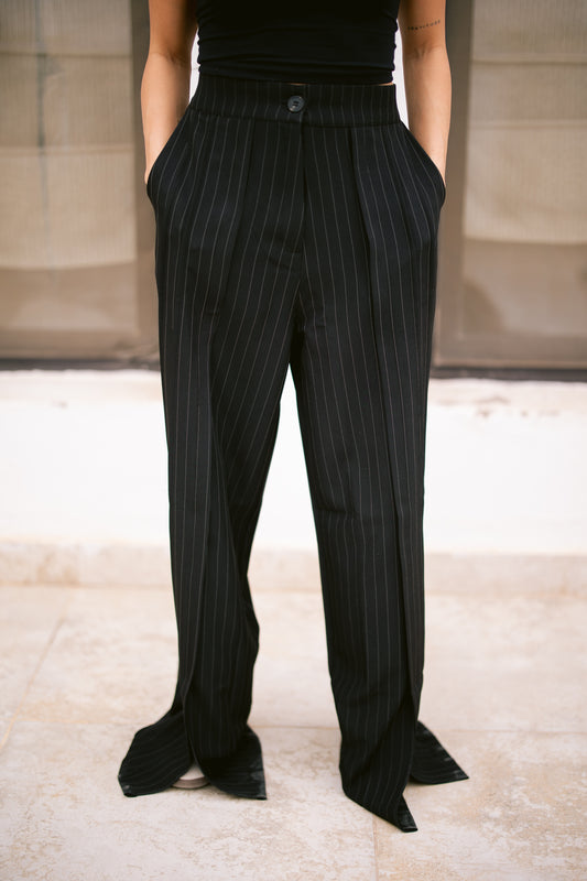 Striped Full Length Trousers with a Slit - Black