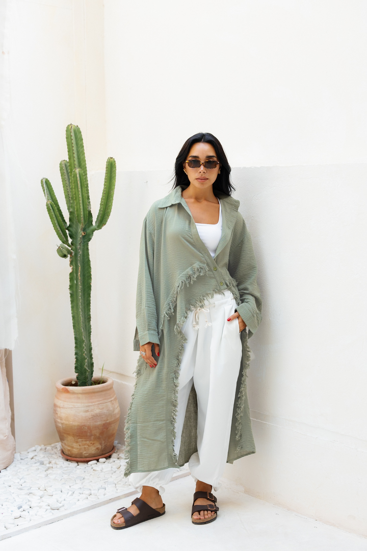 Fringed Sided Shirt in Olive