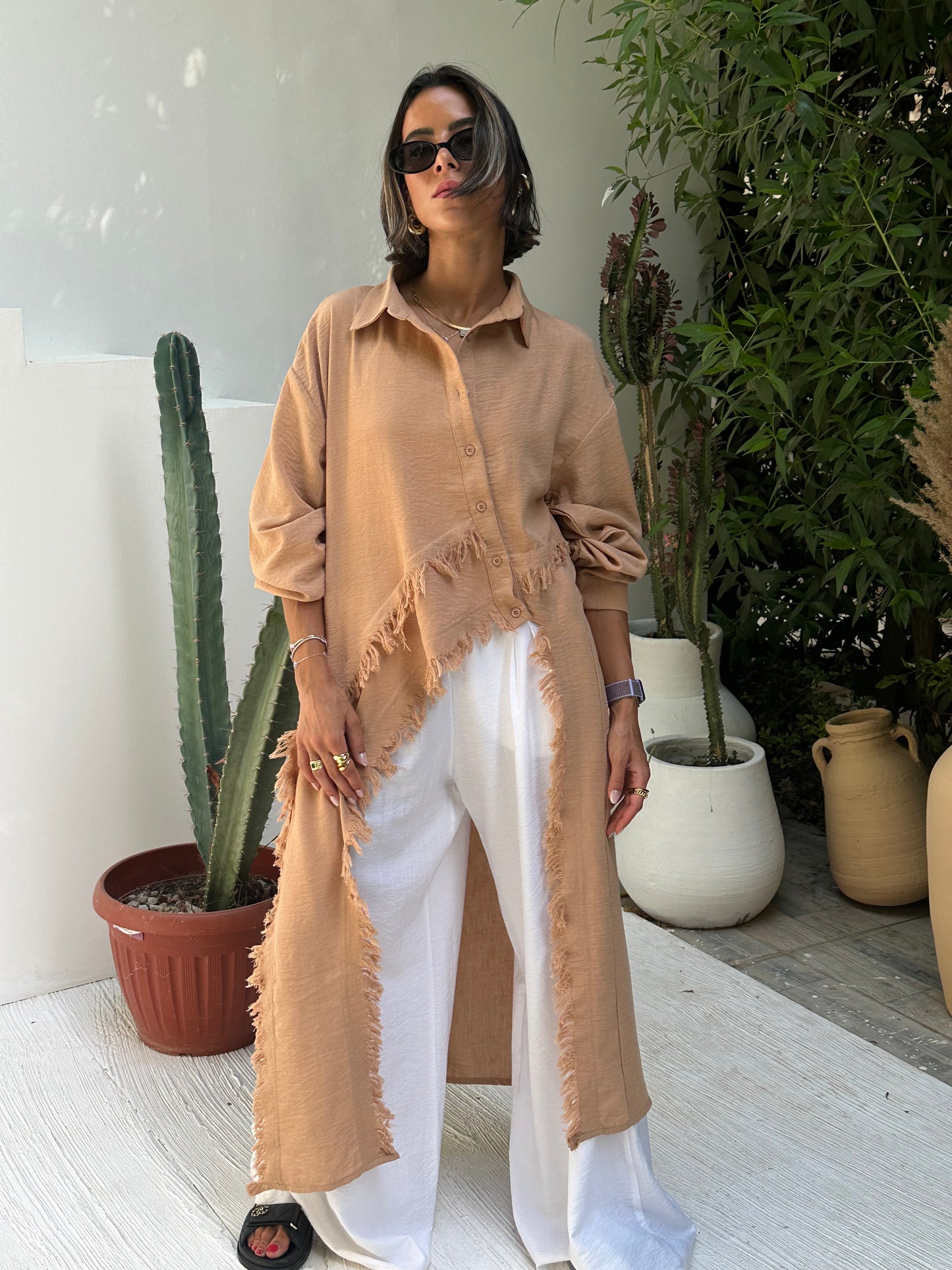 Fringed Sided Shirt in Camel