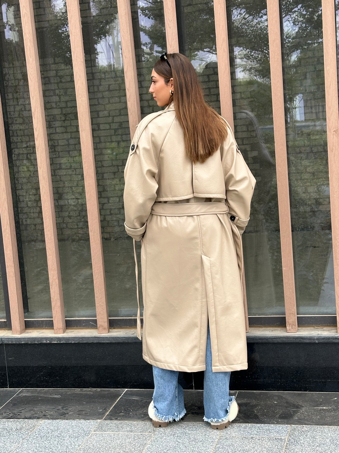 Leather Trench Coat - Beige