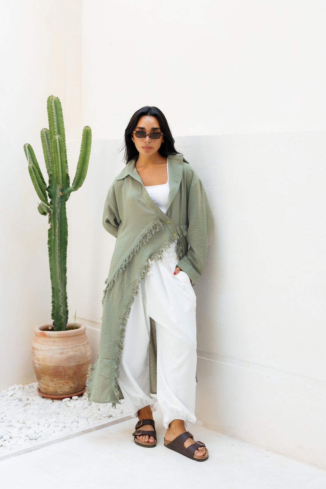 Fringed Sided Shirt in Olive