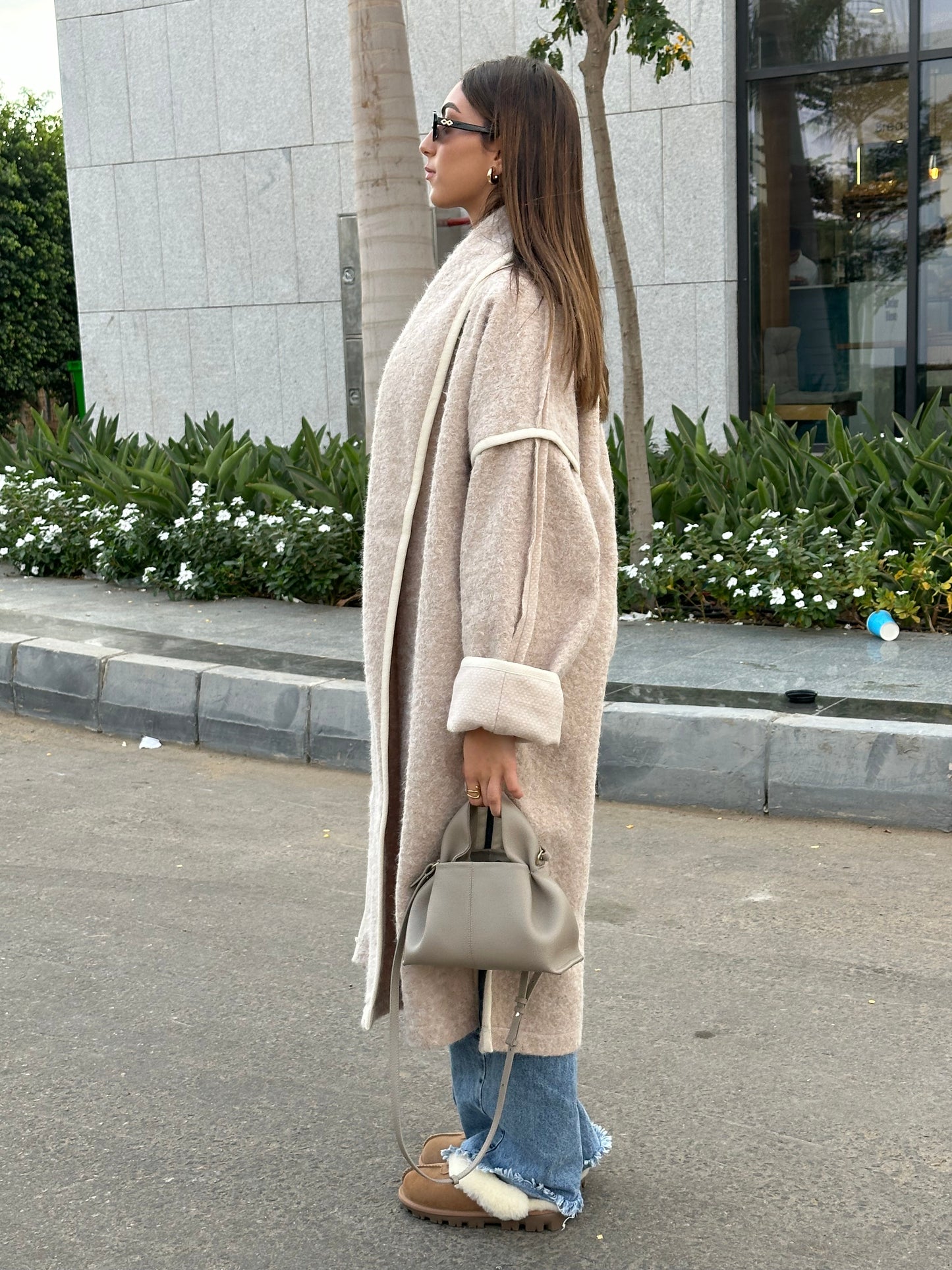 Edged Flipped Collar Coat - Beige