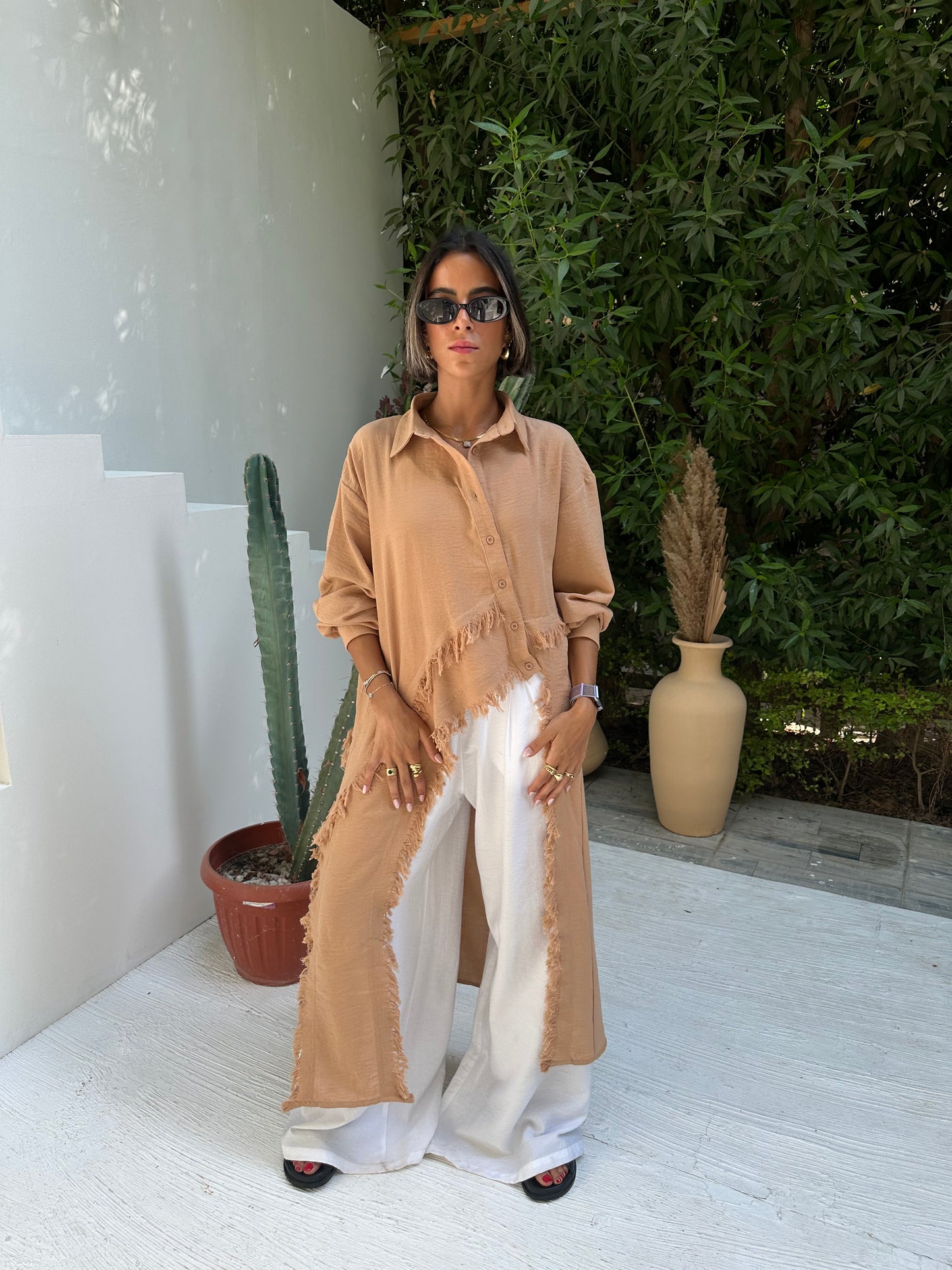 Fringed Sided Shirt in Camel