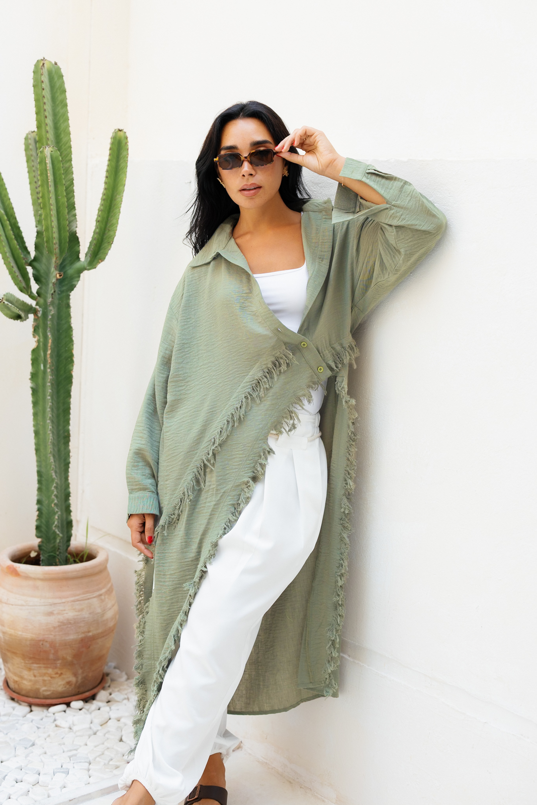 Fringed Sided Shirt in Olive