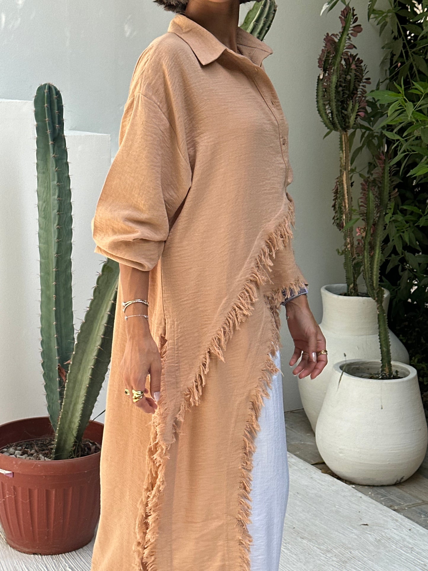 Fringed Sided Shirt in Camel