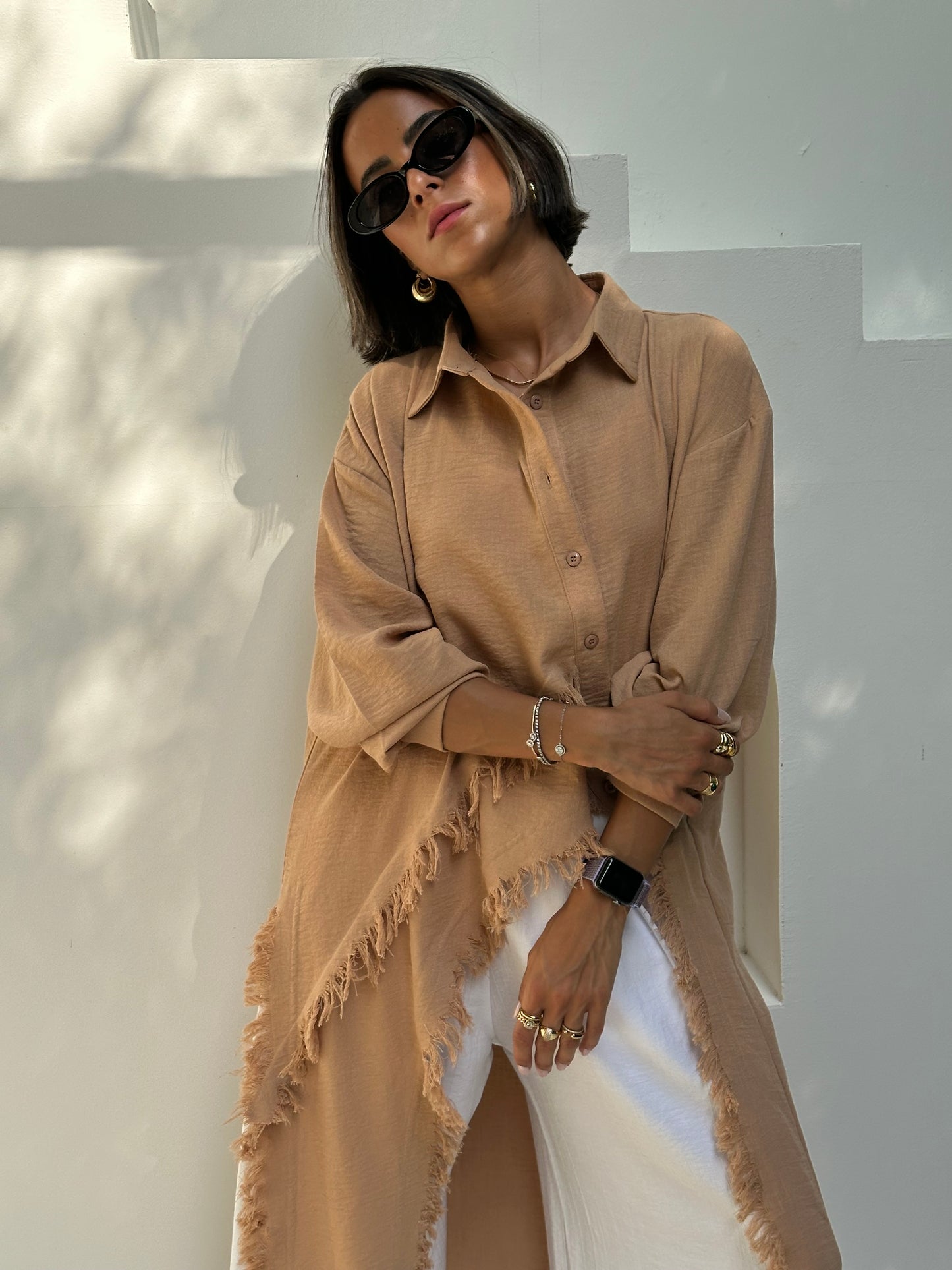 Fringed Sided Shirt in Camel