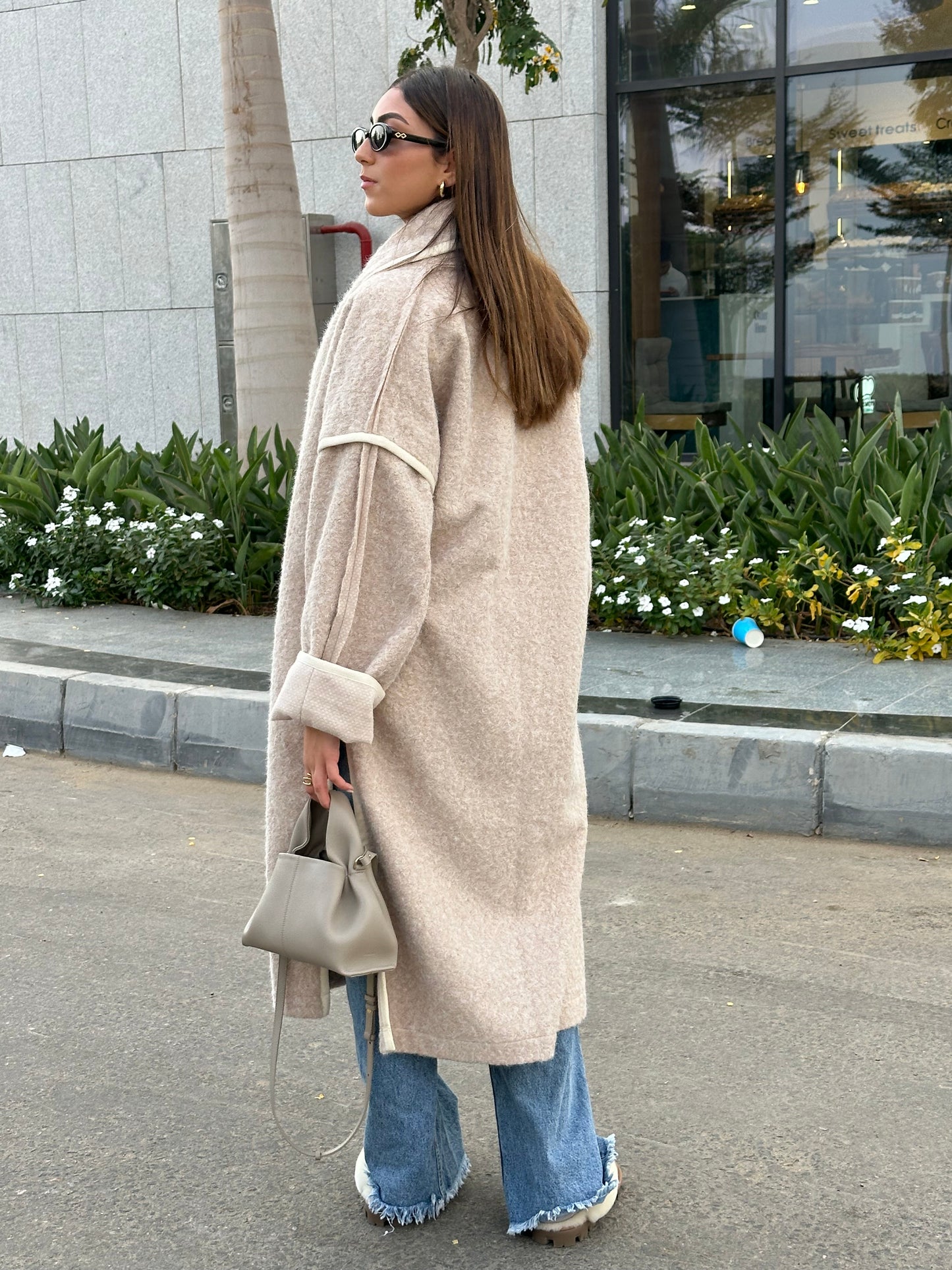 Edged Flipped Collar Coat - Beige