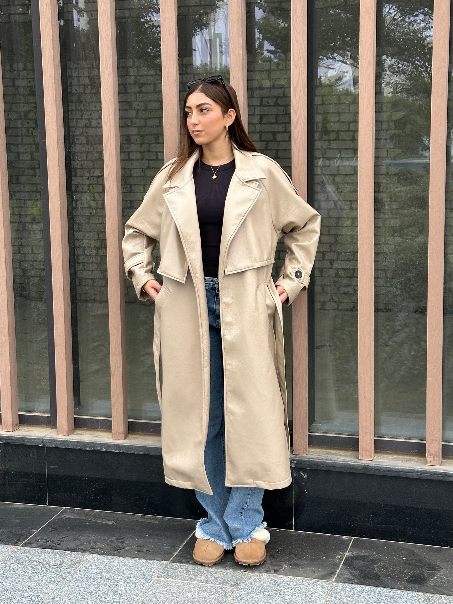 Leather Trench Coat - Beige