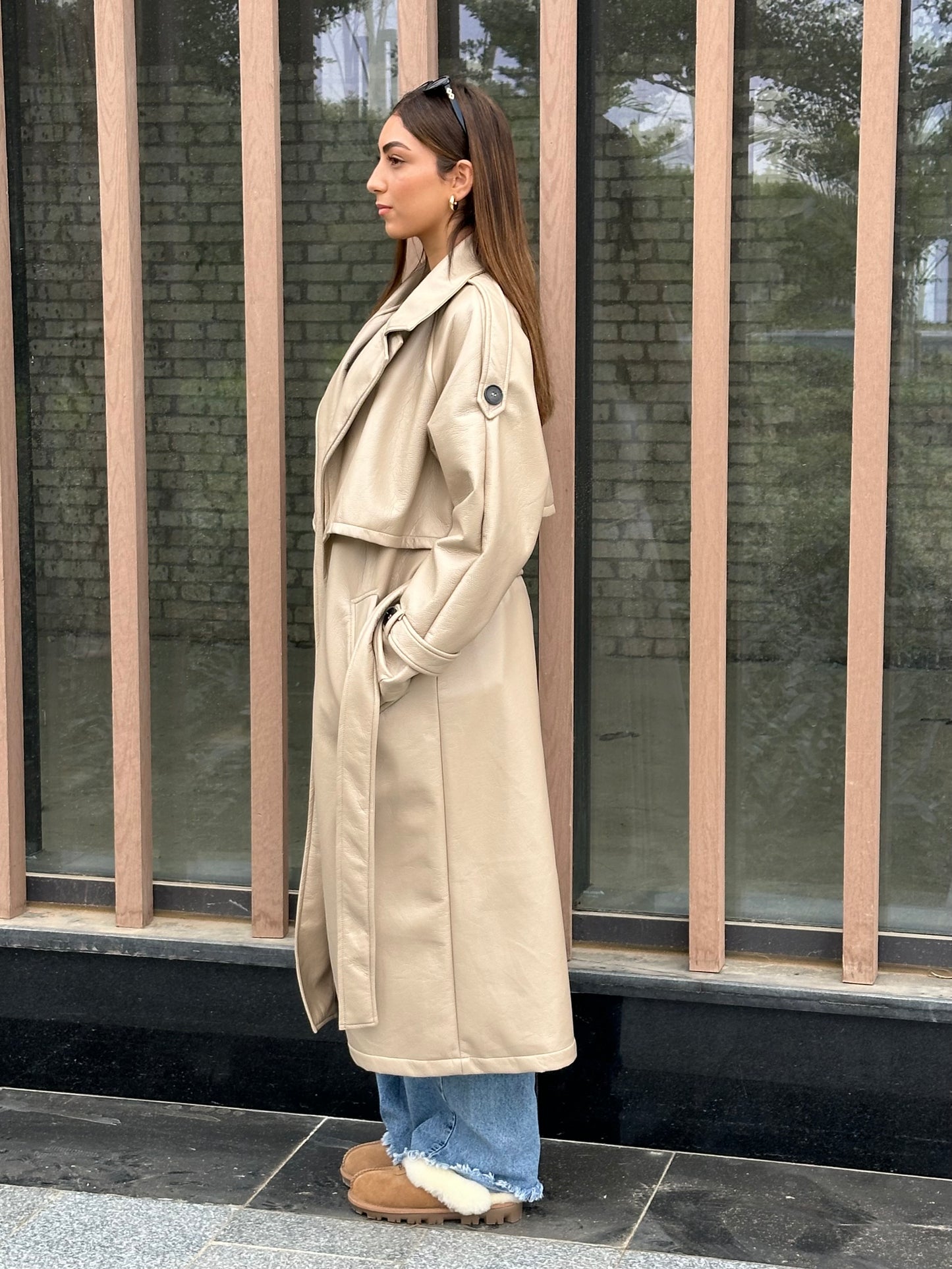 Leather Trench Coat - Beige