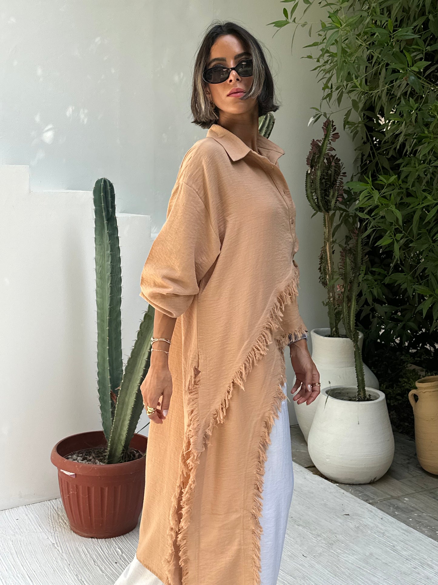 Fringed Sided Shirt in Camel