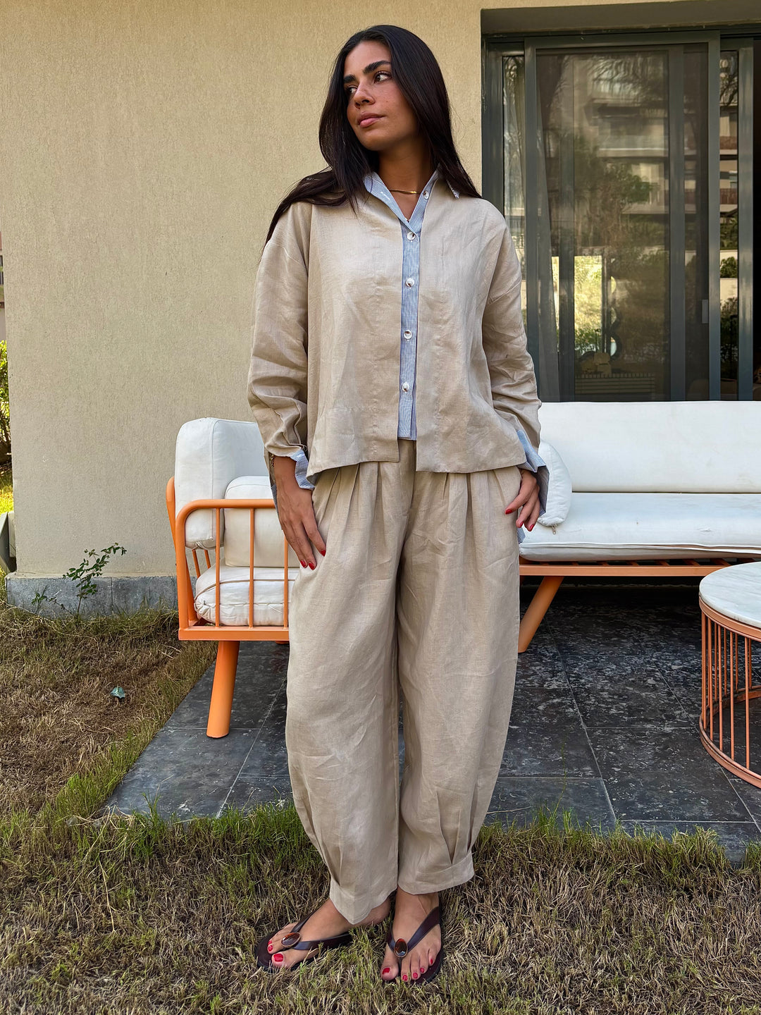 Barrel Pleat Pants - Beige