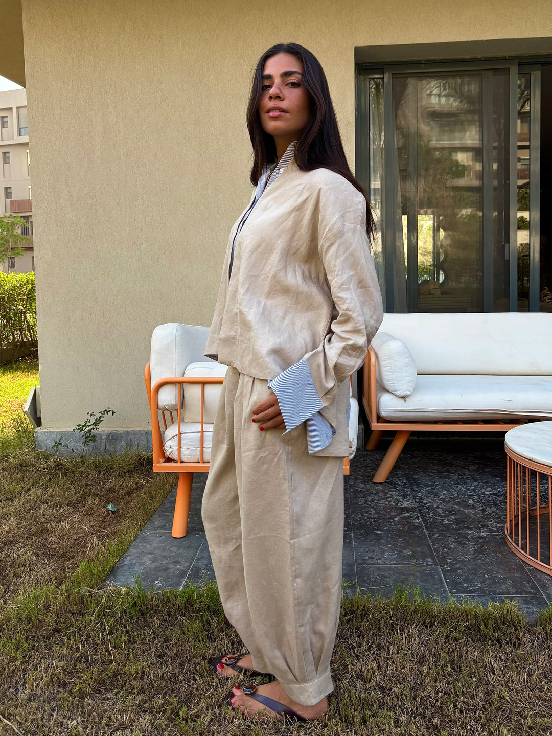 Barrel Pleat Pants - Beige