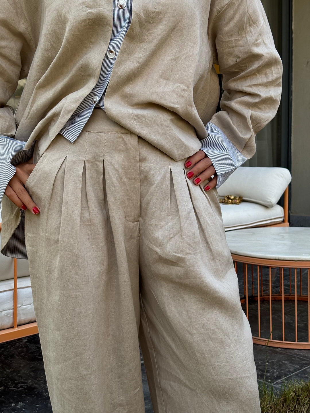 Barrel Pleat Pants - Beige
