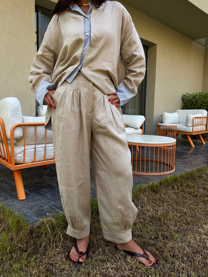 Barrel Pleat Pants - Beige