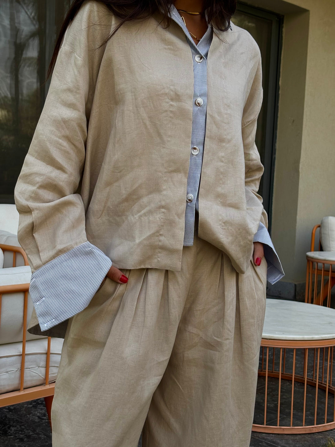 Barrel Pleat Pants - Beige