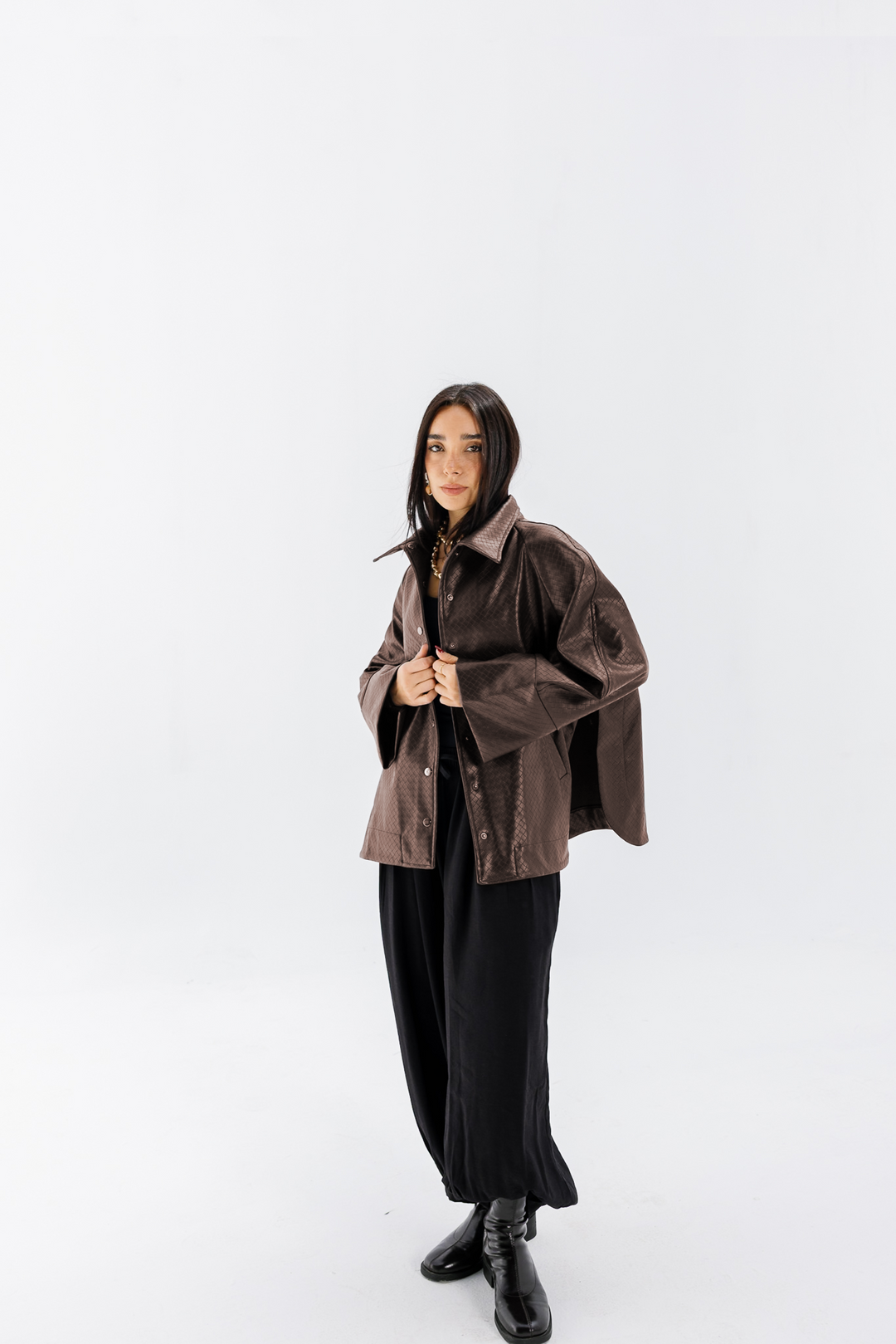 Interlaced Leather Jacket - Brown