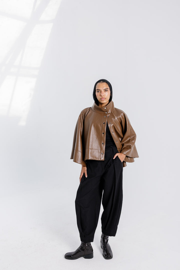 Leather Cape Jacket - Brown