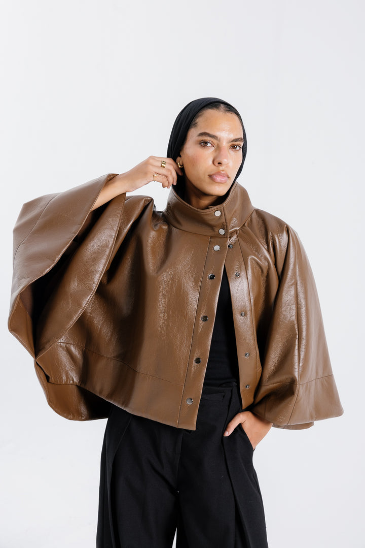 Leather Cape Jacket - Brown