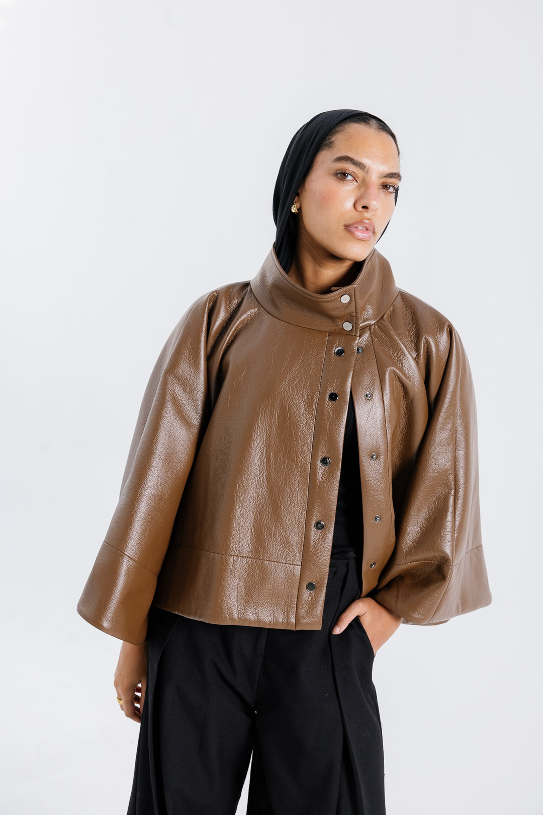 Leather Cape Jacket - Brown