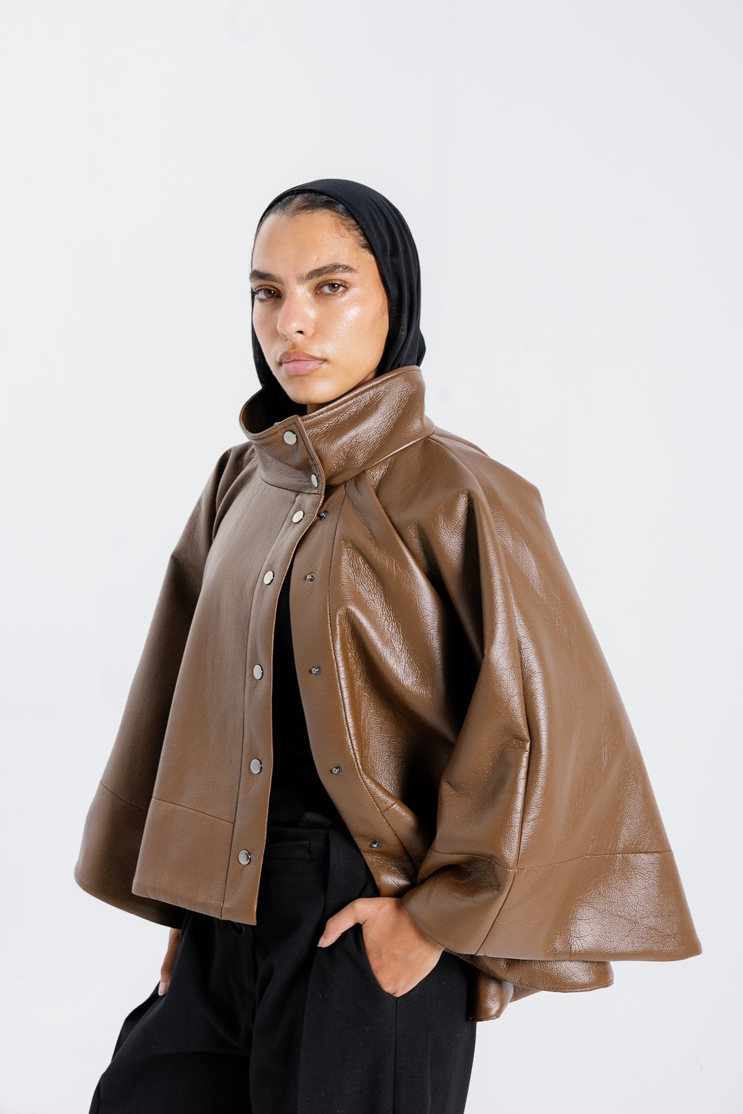 Leather Cape Jacket - Brown