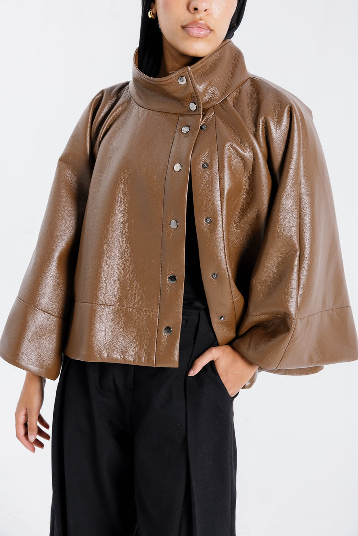 Leather Cape Jacket - Brown