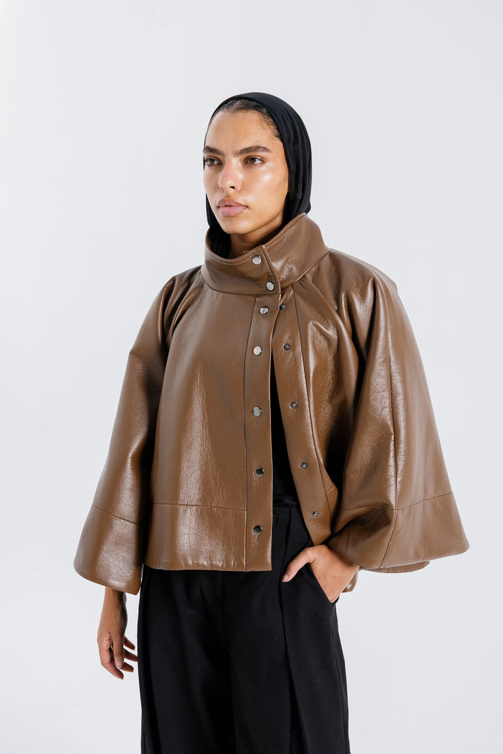 Leather Cape Jacket - Brown