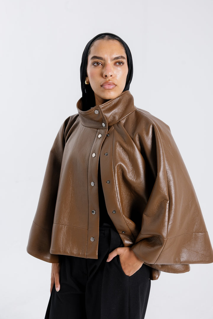 Leather Cape Jacket - Brown