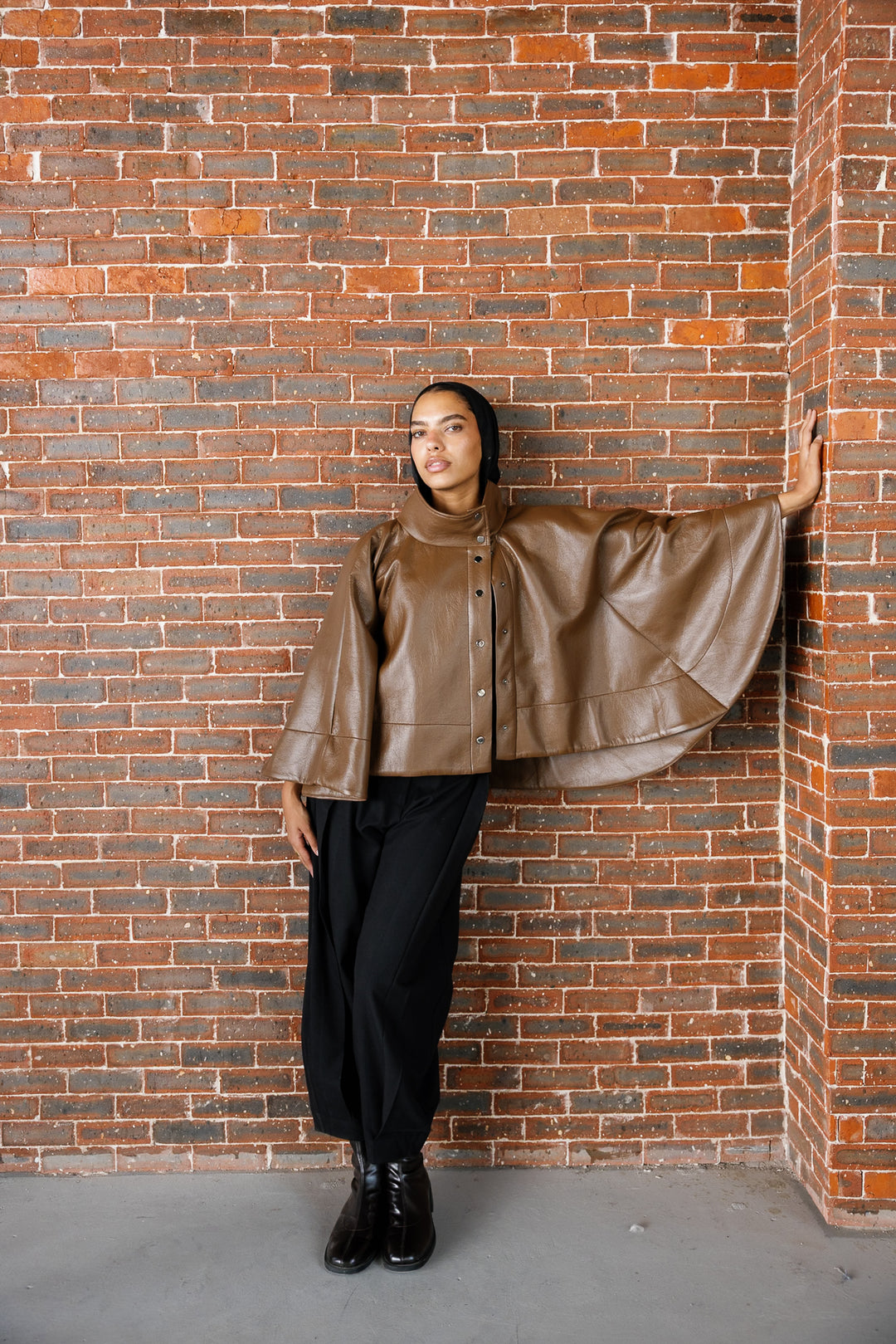 Leather Cape Jacket - Brown