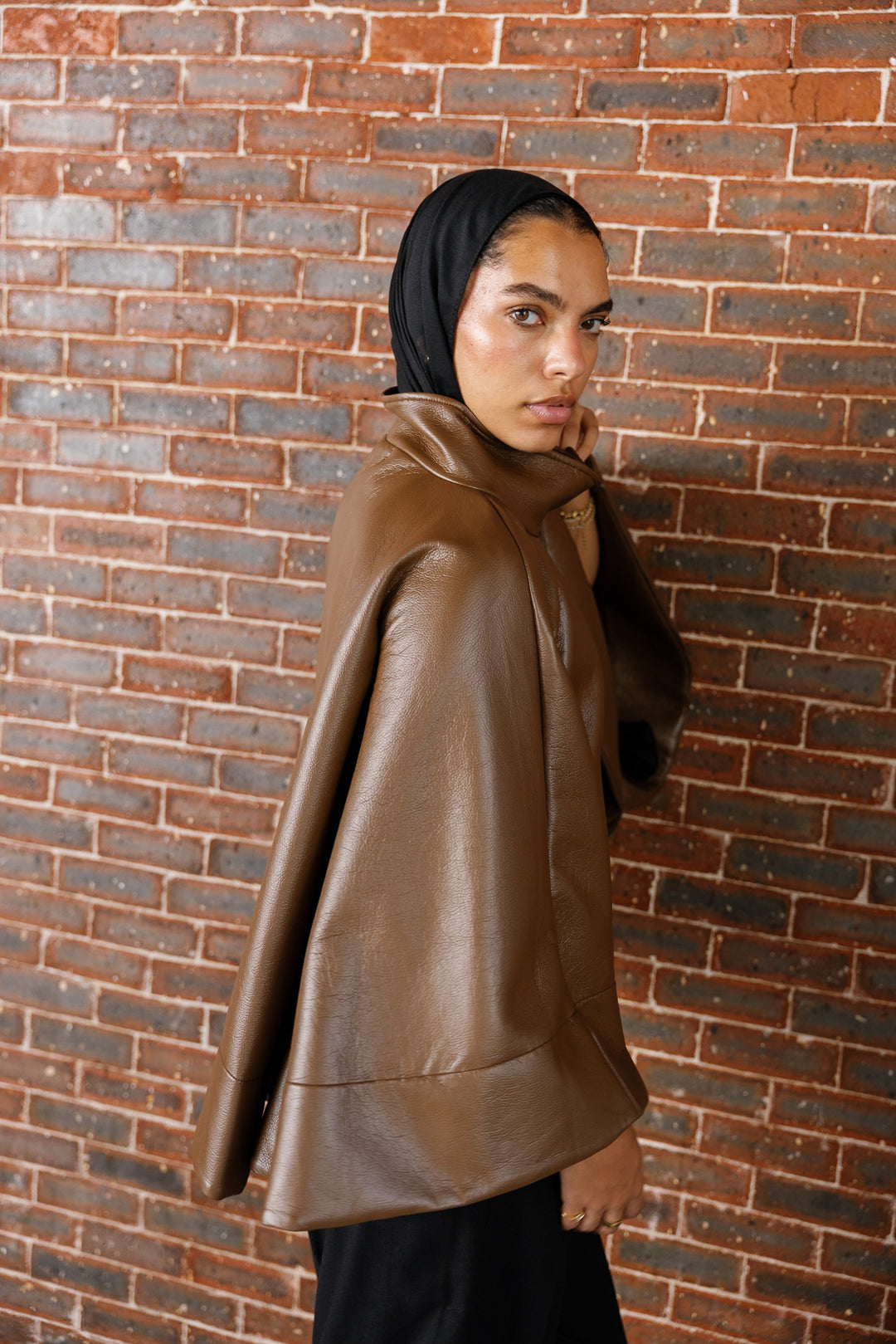 Leather Cape Jacket - Brown