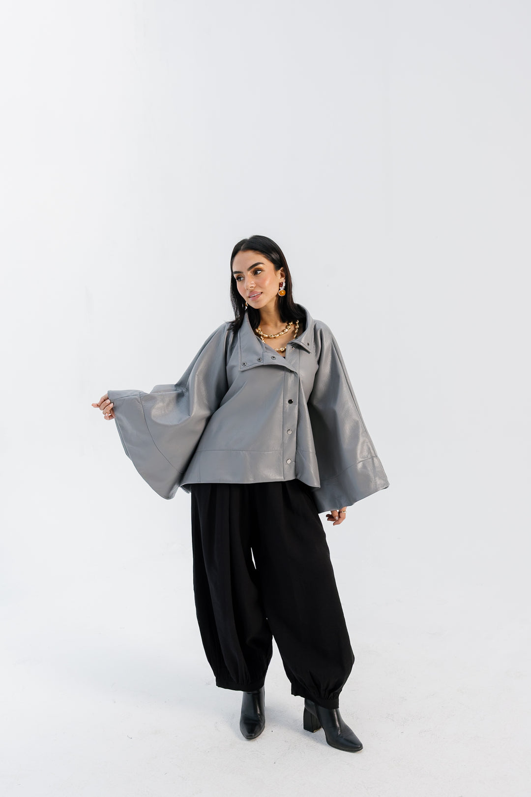 Leather Cape Jacket - Grey