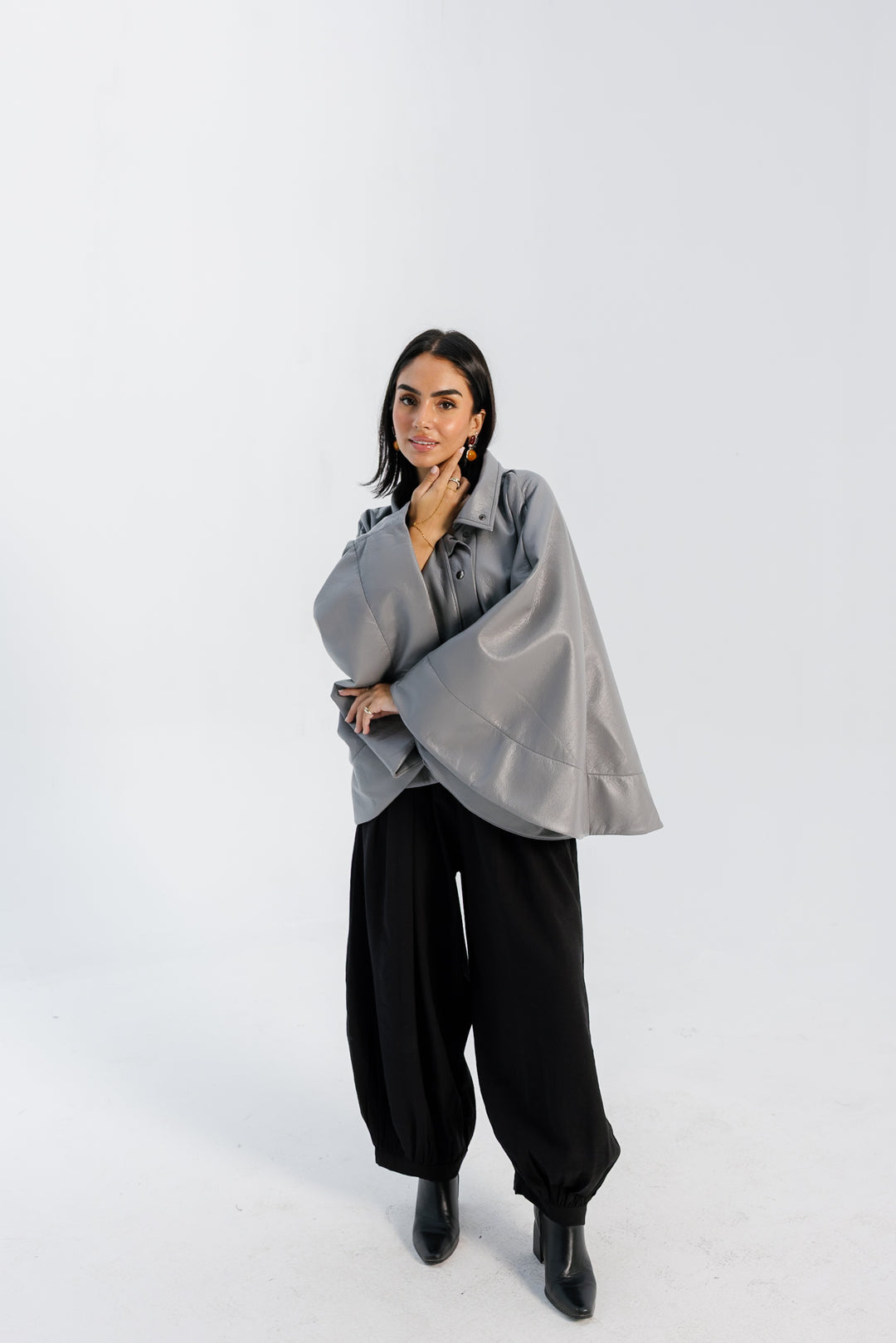 Leather Cape Jacket - Grey