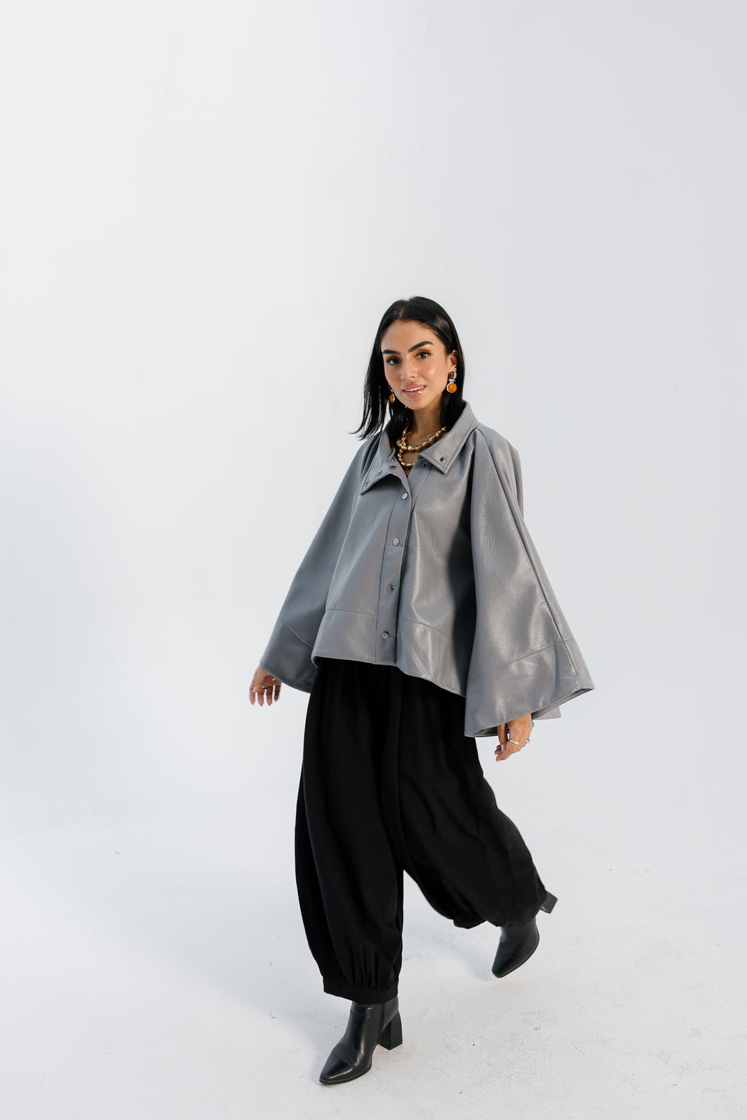 Leather Cape Jacket - Grey