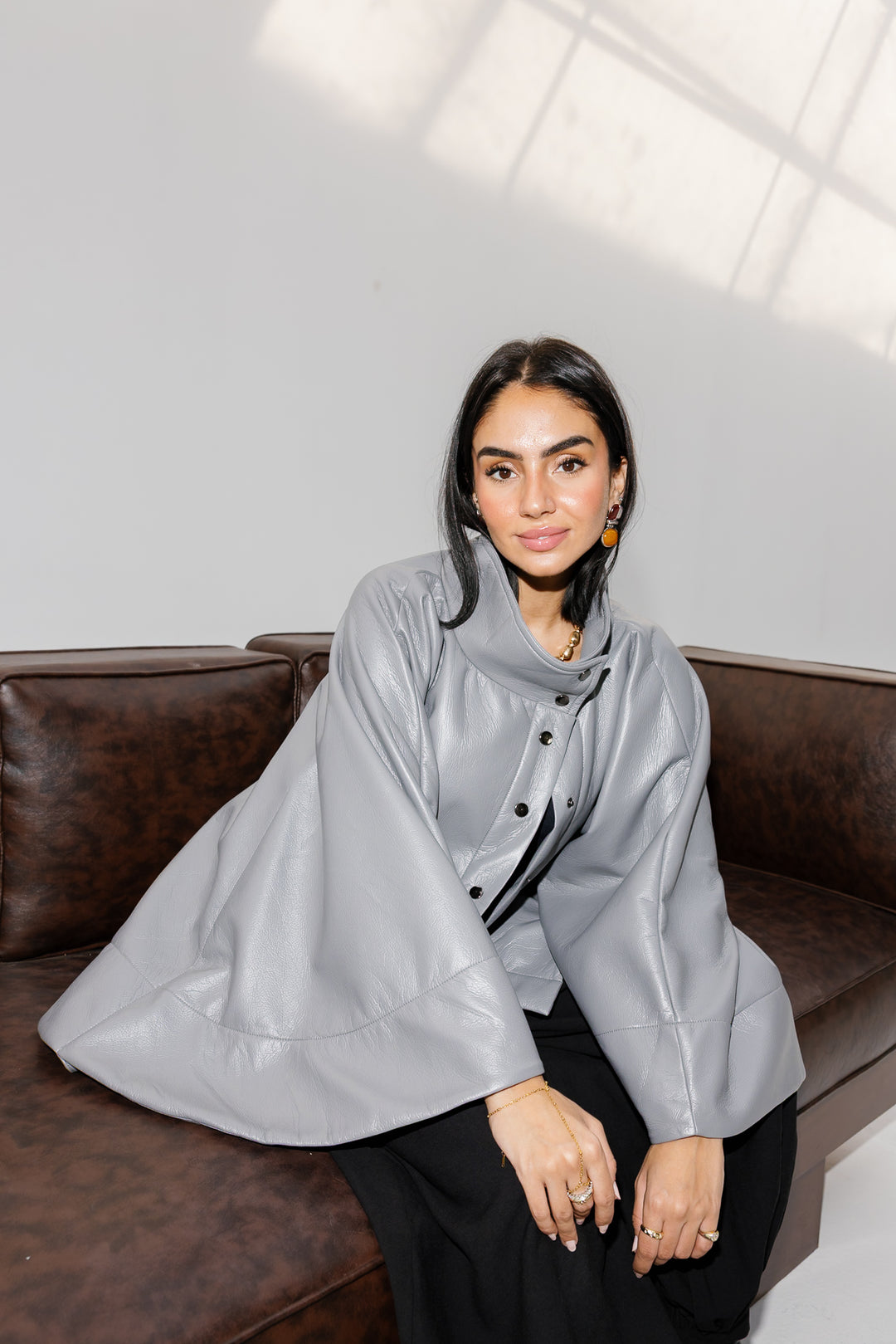 Leather Cape Jacket - Grey