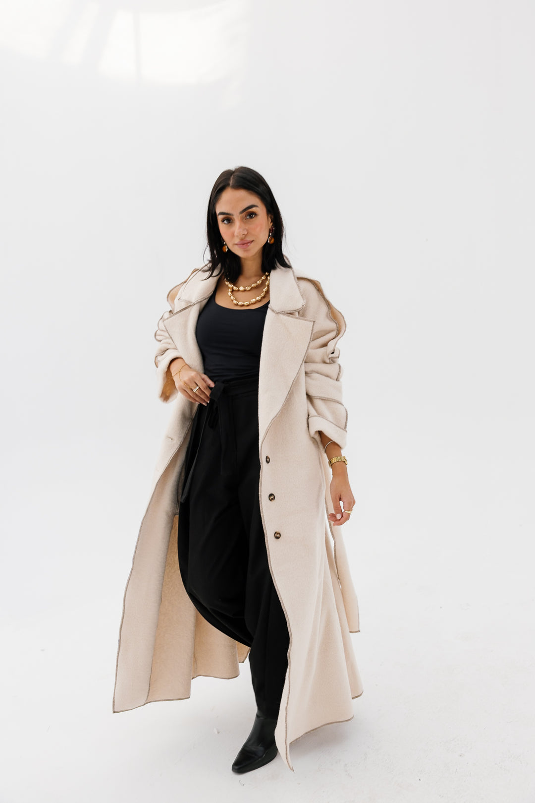 Stitched Wool Coat - Creme