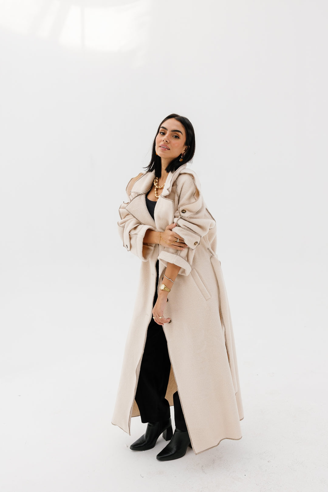 Stitched Wool Coat - Creme