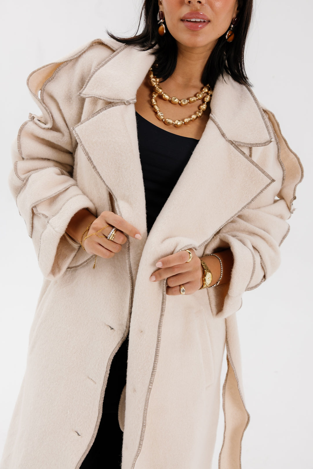 Stitched Wool Coat - Creme