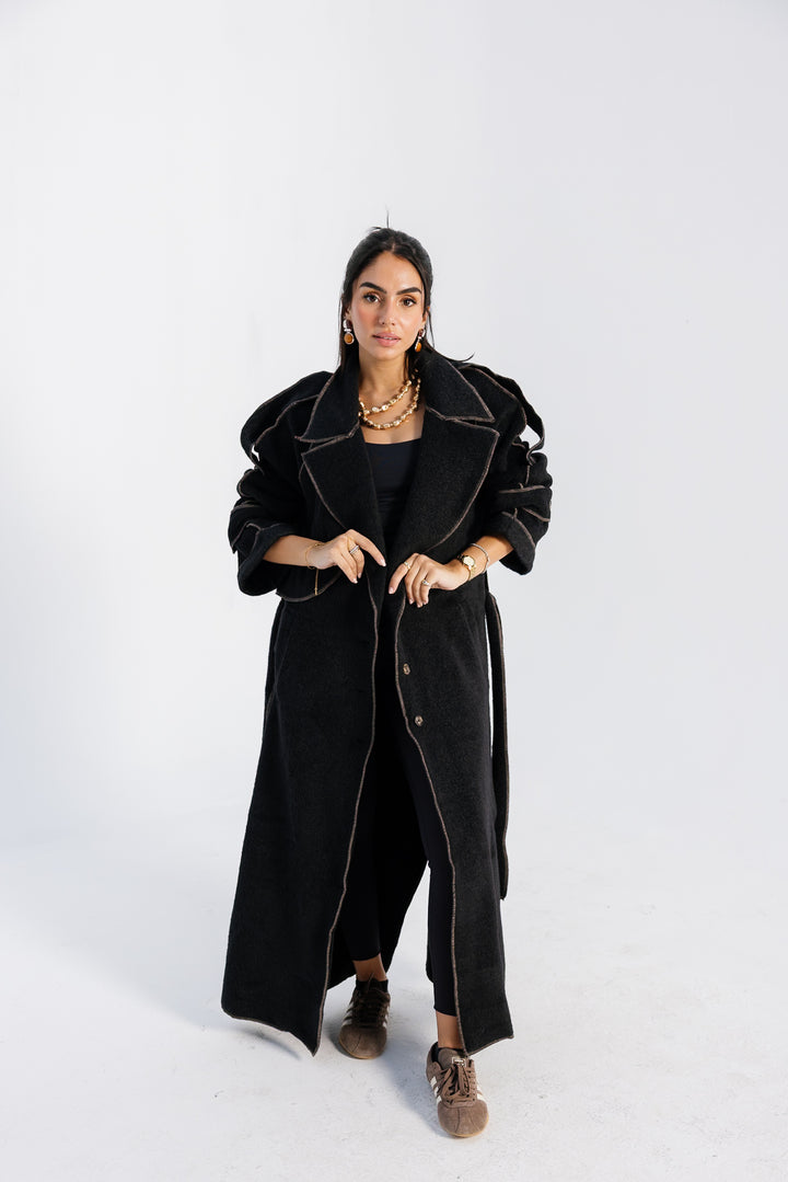 Stitched Wool Coat - Black