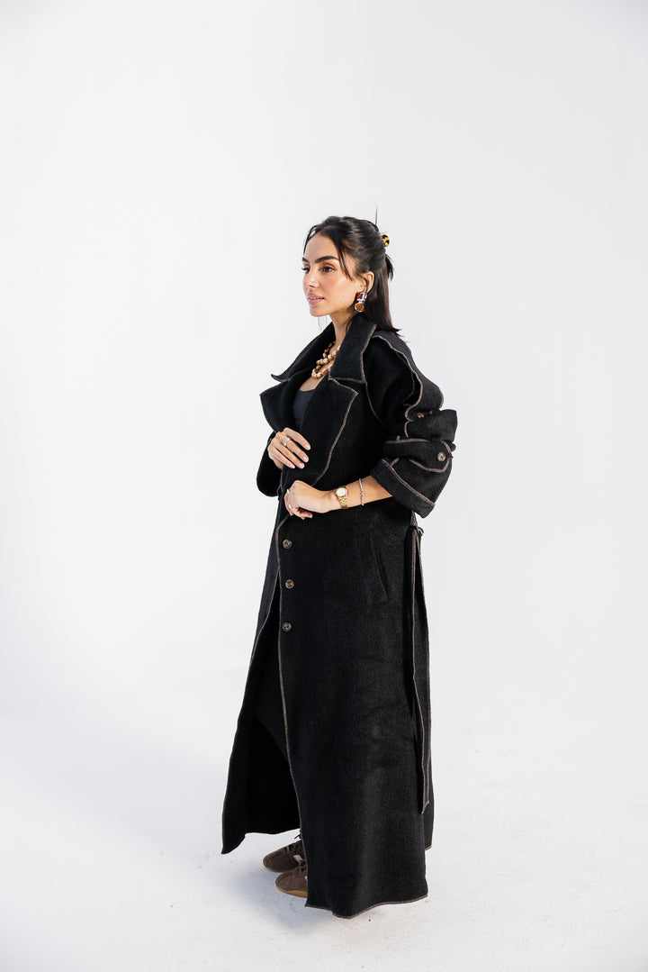 Stitched Wool Coat - Black