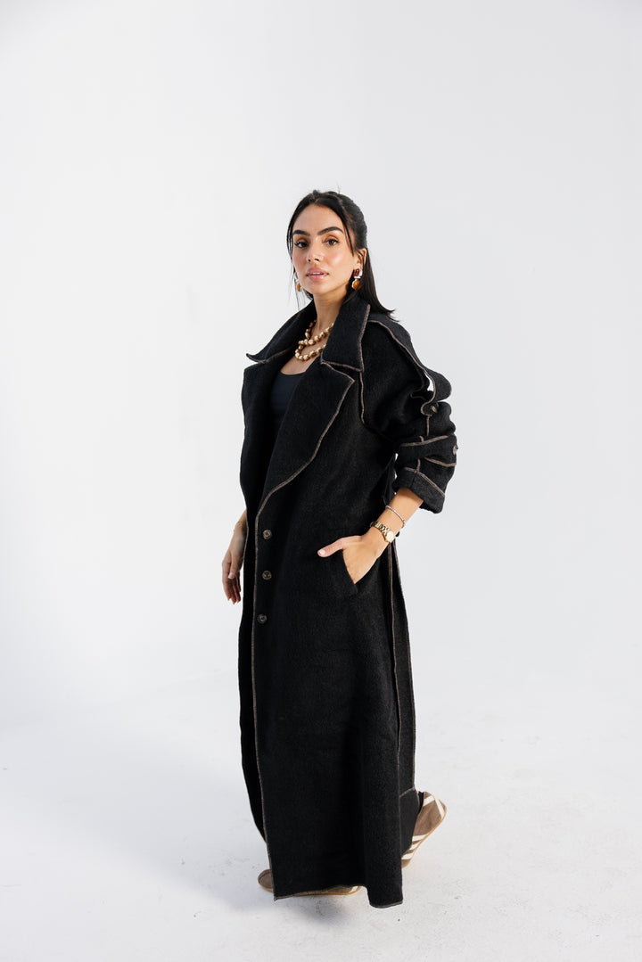 Stitched Wool Coat - Black