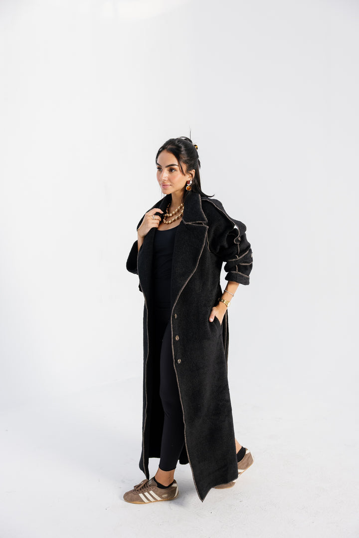 Stitched Wool Coat - Black