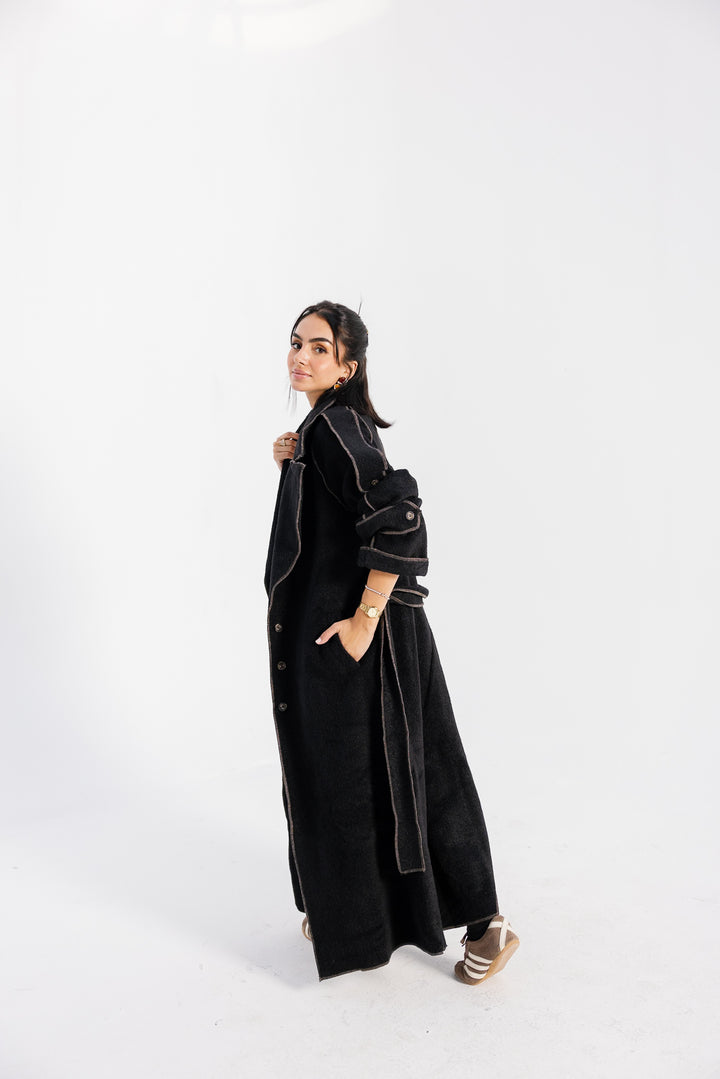 Stitched Wool Coat - Black