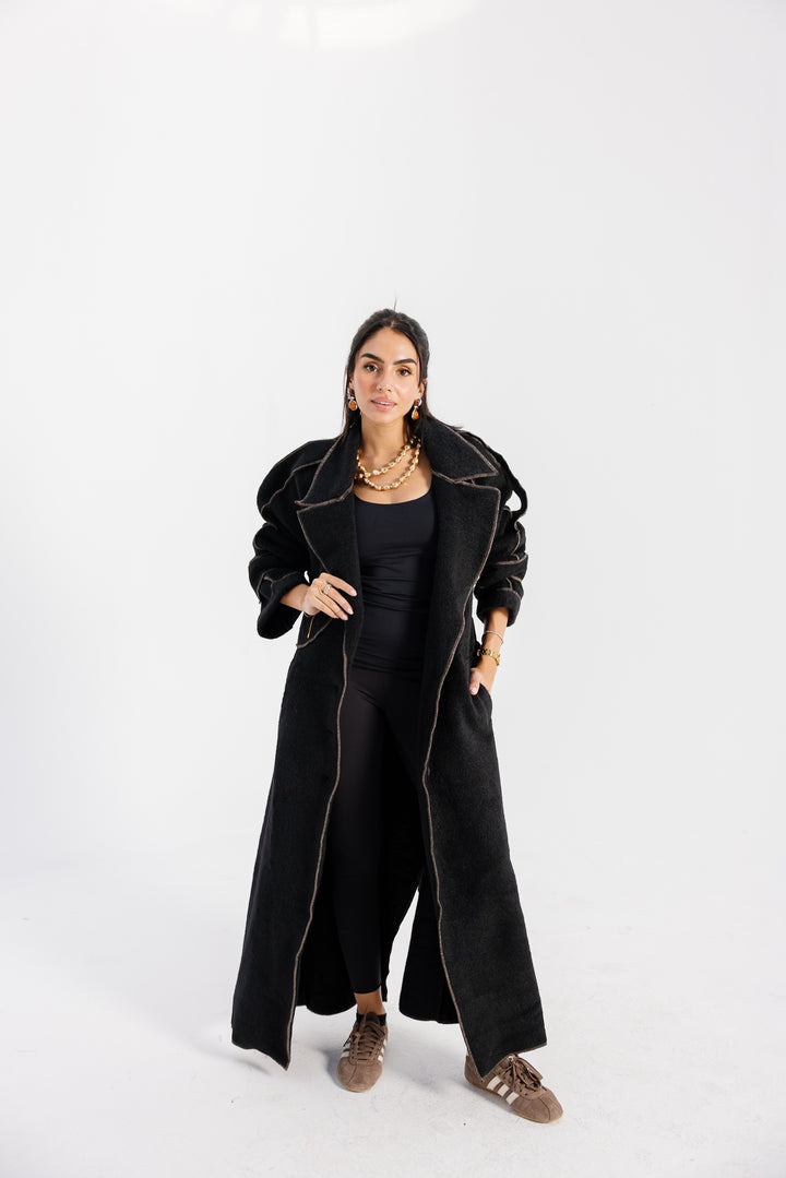 Stitched Wool Coat - Black