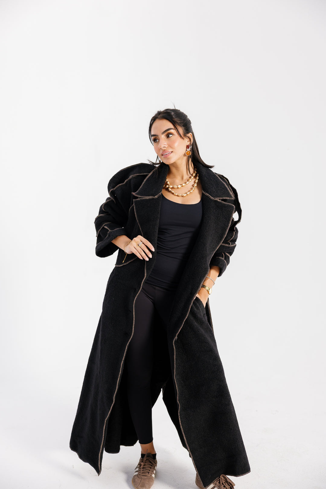 Stitched Wool Coat - Black
