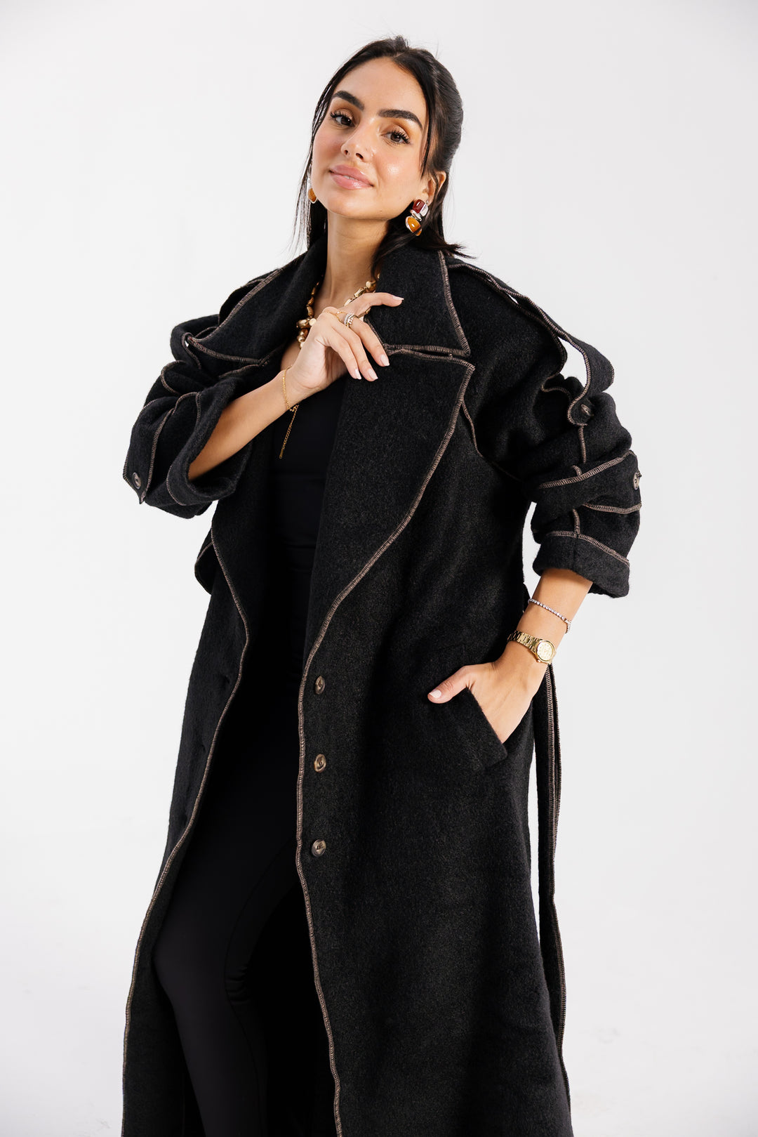Stitched Wool Coat - Black