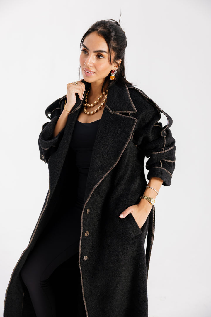 Stitched Wool Coat - Black