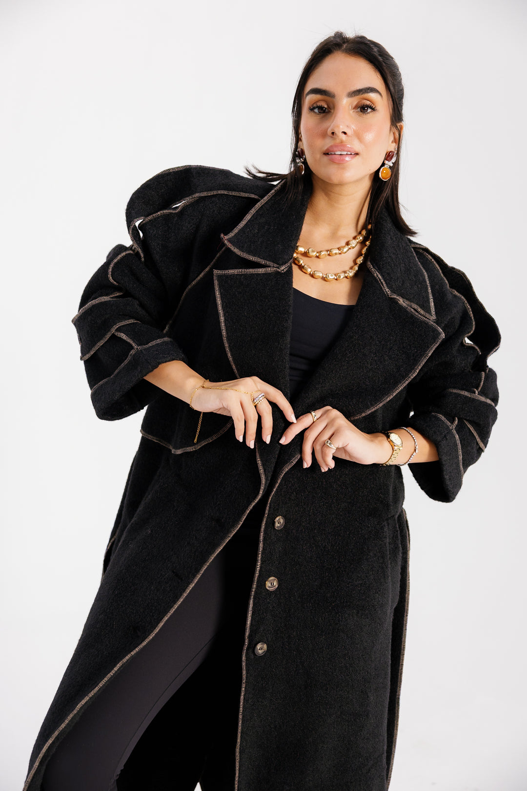 Stitched Wool Coat - Black