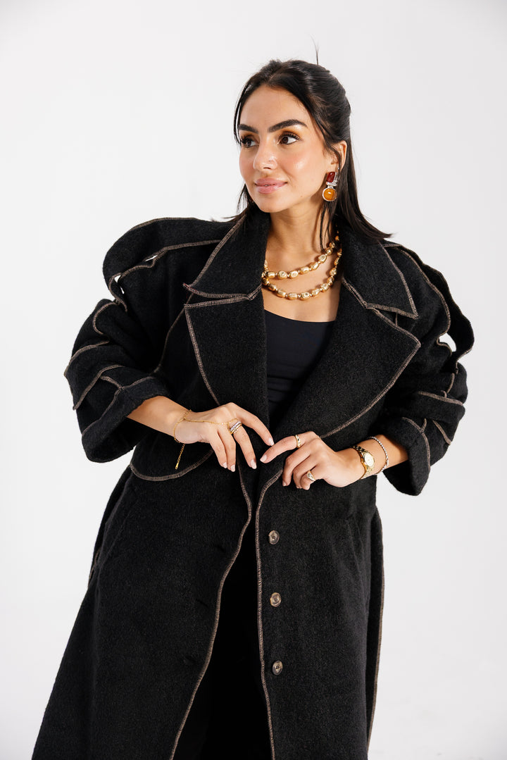 Stitched Wool Coat - Black