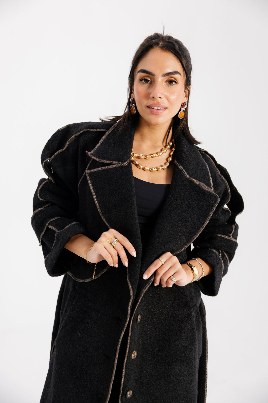 Stitched Wool Coat - Black