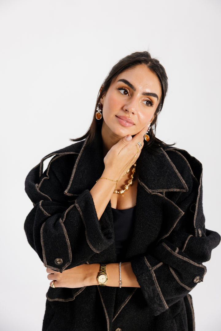 Stitched Wool Coat - Black