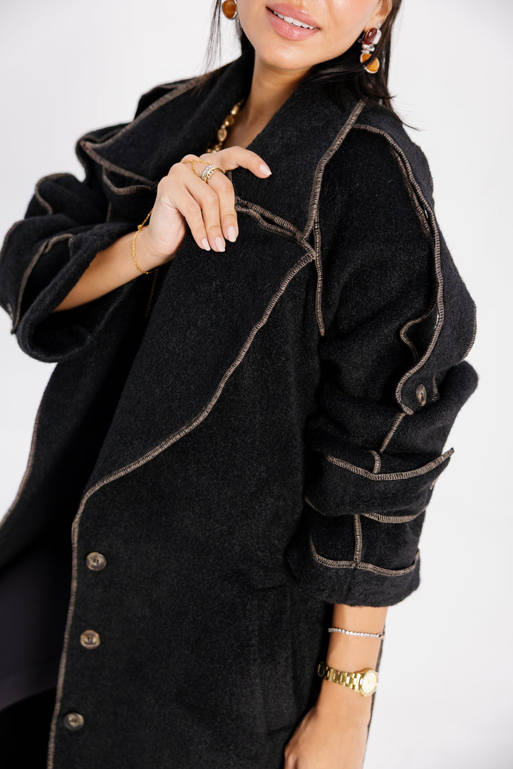 Stitched Wool Coat - Black